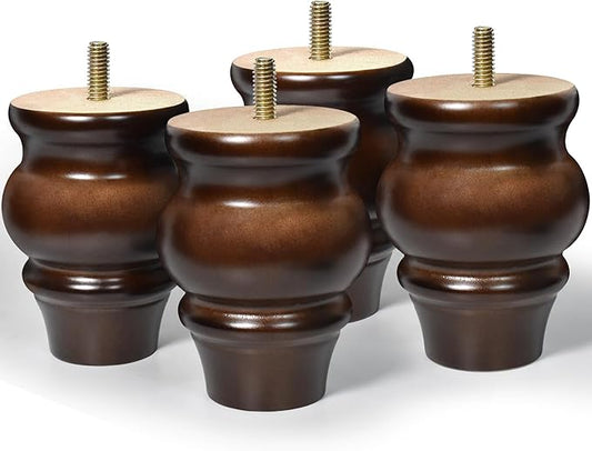 Furniture Legs, Wood Sofa Legs, Turned Couch Legs, Round Furniture Feet for Dresser, Sideboard, Recliner, Coffee Table (Dark Brown, 4 inch)
