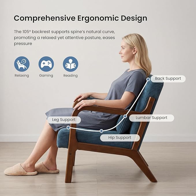 DUMOS Mid Century Modern Accent Chair, Upholstered Armchair with Lumbar Pillow and Solid Wood Frame, Comfy Reading Chair for Small Living Room, Bedroom, Guest Room, Navy Blue