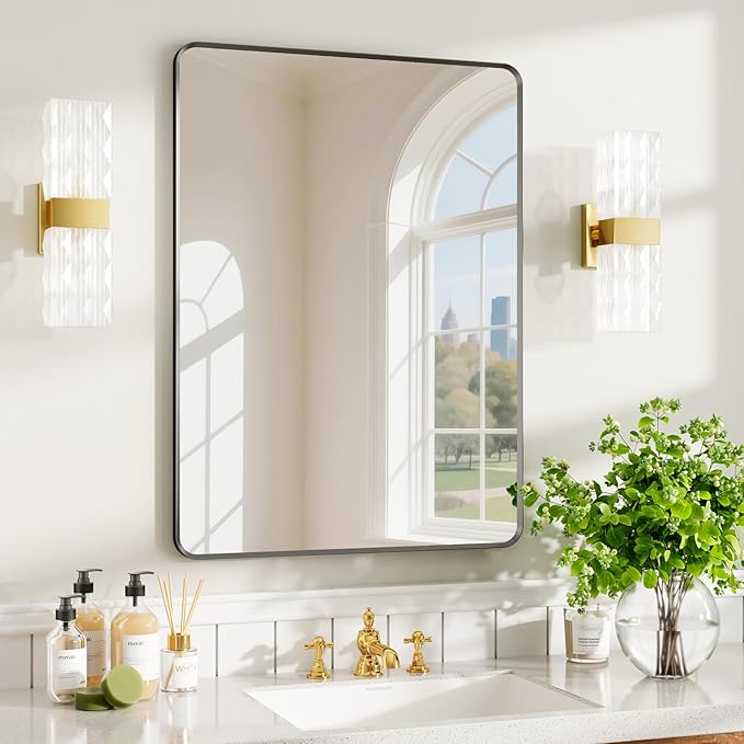 22x30 inch Black Bathroom Mirror, Rounded Rectangle Metal Aluminum Alloy Frame, HD Tempered Glass, Horizontal or Vertical Hanging, Modern Bathroom Decor