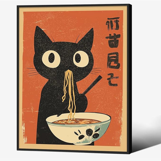 Funny Black Cat Eat Ramen Noodles Poster Vintage Japanese Kitchen Food Wall Art 08x10 inch Black Framed Whimsical Cute Animal Canvas Prints for Restaurant Wall Decor