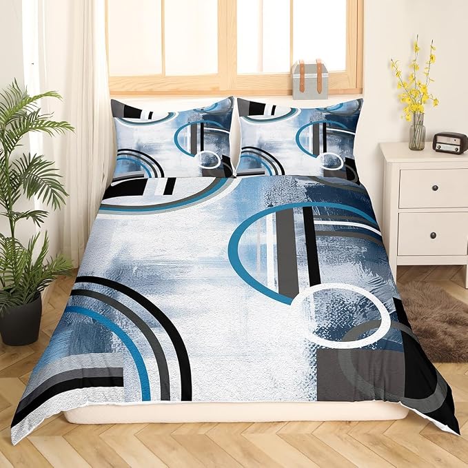 Oil Painting Geometric Comforter Cover Queen,Blue White Black Gray Duvet Cover,Grunge Ombre Bedding Set,Abstract Circles Stripes Quilt Cover,Modern Texture Bedspread Cover with Zipper& Ties