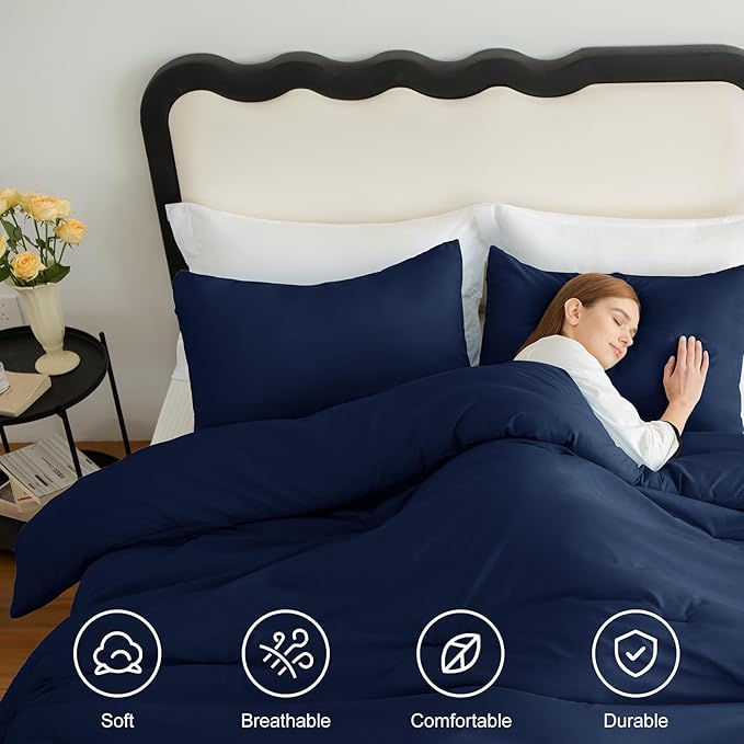 CozyLux Twin Comforter Set College Dorm Essentials, 2 Pieces Navy Blue Twin Extra Long Solid Bedding Sets, Twin XL Bed Set with Down Alternative Comforter and 1 Pillowcase, Back to School Room Gift
