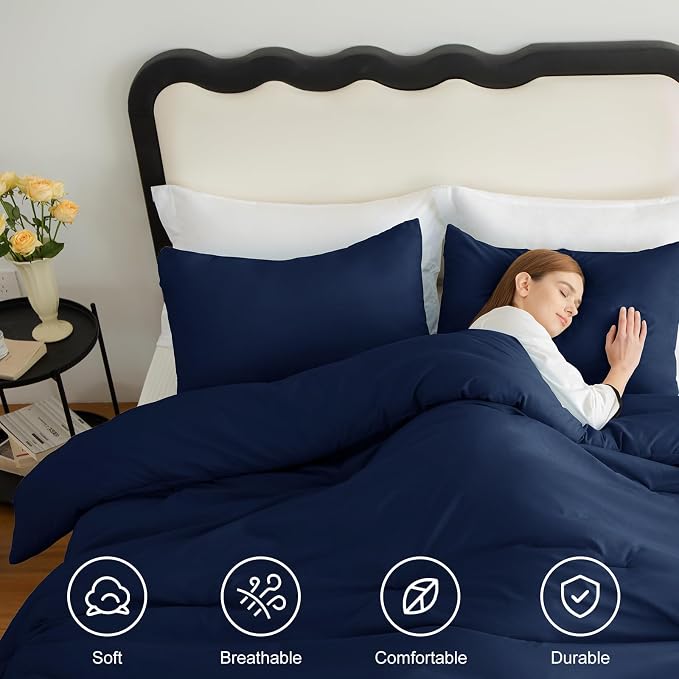 CozyLux Oversized King Comforter Set Navy Blue, 3 Pieces 120"x98" Lightweight Down Alternative Quilted Bedding Set, All Season Soft Breathable Solid Comforter with 2 Pillowcases, Bed Set Gift for Home