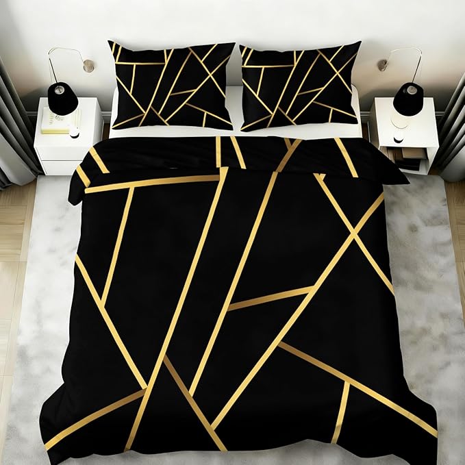 Geometric Duvet Cover Queen Size, Abstract Modern Geometric Stripes Bedding Set 3 Piece, Black Gold Geometry Lines Patterned Comforter Cover with Zipper Soft Microfiber, 2 Pillowcases