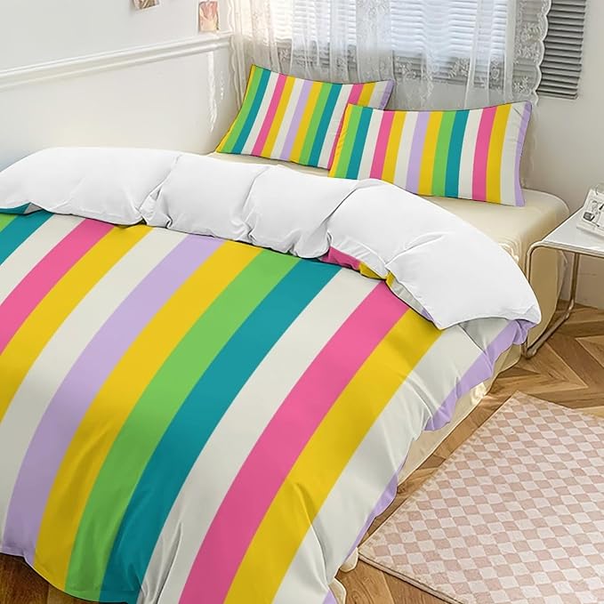 Rainbow Duvet Cover Set, Rainbow Lines Pattern Spectrum of Colors Abstract Art Decorative，Aesthetic Abstract Art Bedding 3 Piece (1 Duvet Cover 86"x70" + 2 Pillow Sham 20"x30")