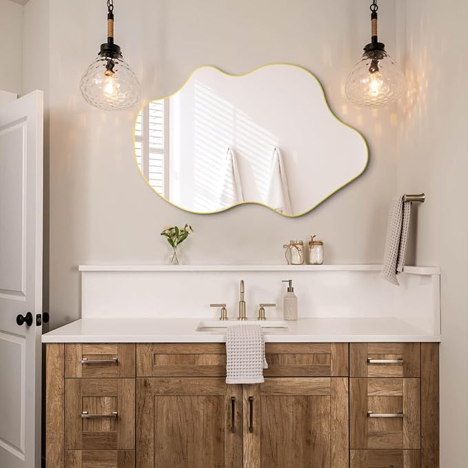 Gold Irregular Mirror, 31.5"x23.6" Asymmetrical Wall Mirrors, Unique Shaped Mirror Decorative, Modern Frameless Abstract Mirrors for Living Room Bathroom Bedroom Hallway Entryway Fireplace