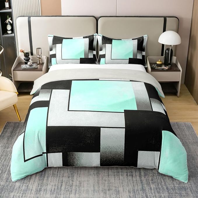 Erosebridal Green Black Geometric Abstract 100% Cotton Duvet Cover Twin Modern Square Striped Bedding Set for Kids Teens Adults Minimalist Art Comforter Cover Contemporary Aesthetic Bed Set 2 Pcs