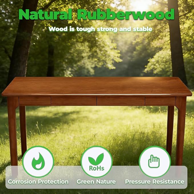 100% Solid Wood Desk, Rubberwood Office Desk with Drawers, Mid Century Modern Desk Table, Narrow Desk for Bedroom, Living Room & Office, Walnut Color,39.3 inch