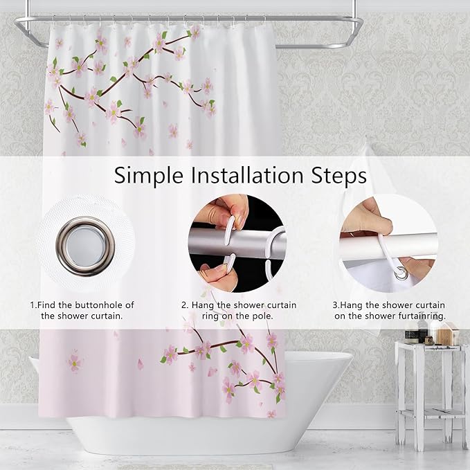 Cherry Blossom Shower Curtain Japan Pink Floral Landscape Shower Curtains for Girly Woman Bathroom Decor Accessories Waterproof Polyester Fabric with Hooks, 60 x 72 Inch