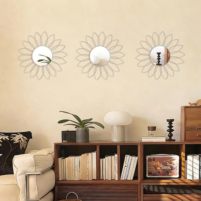 3 Pack Metal Mirrors for Wall Sunburst Wall Mirrors Home Décor Decorative Hanging Wall Art for Living Room Bedroom Entryway (White, Flowers)