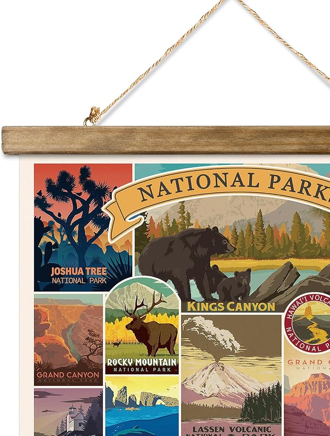 Comprehensive National Parks Display: Poster highlights a collection of USA national parks; each represented by a unique and colorful illustration capturing the essence of the park's landscapes and landmarks
