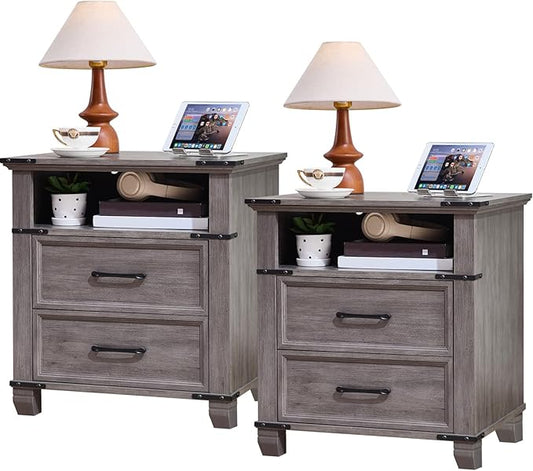 22" Nightstand, 2PCS Farmhouse Nightstand with 2 Drawers,Industrial Bedside Table with Open Shelf for Bedroom Living Room,Office Bed Side Tables Couch End Table,Grey