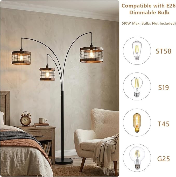 3-Lights Vintage Wood Floor Lamps for Living Room, Black Arc Floor Lamp for Bedroom, Industrial Standing Lamp for Office, Dimmable Tall Lamp, Arched Corner Floor Lamp, Over Couch Reading Lamp