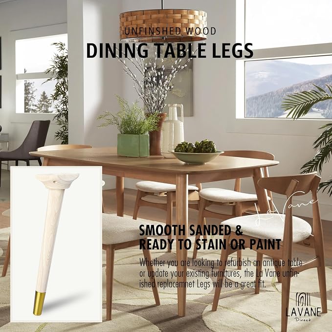La Vane 17 inch / 42cm Wooden Table Legs with Mounting Blocks, Set of 4 Mid-Century Modern Tapered Unfinished Solid Wood Replacement Legs for Bench Coffee Table Dining Table Chair Desk