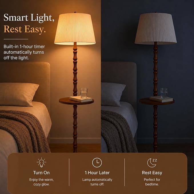 Real Wood Floor Lamp with Built-in Tray, Remote Control, Adjustable Brightness & 3 Color Temperatures, Dimmable Standing Lamp for Living Room, Bedroom, and Office – Easy Setup(Dark Walnut)