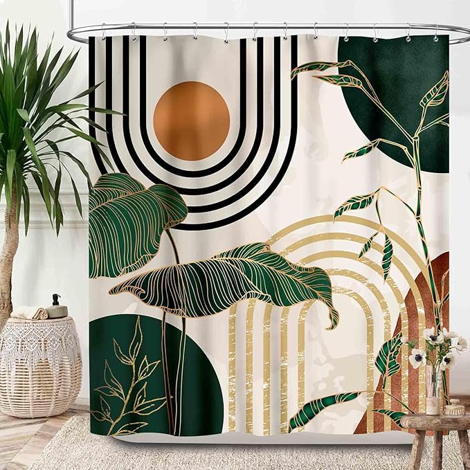 Boho Leaf Shower Curtain,Mid Century Green Tropical Plant Palm Leaves Abstract Minimalist Geometic Arch Modern Waterproof Fabric Bathroom Shower Curtain Set with Hooks,72x72Inch