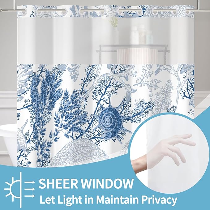 No Hook Shower Curtain with Snap in Fabric Liner Set Nautical Coastal Seashell Coral Beach Ocean Shower Curtains for Bathroom Waterproof Polyester No Hook Home Decorations 71x74in