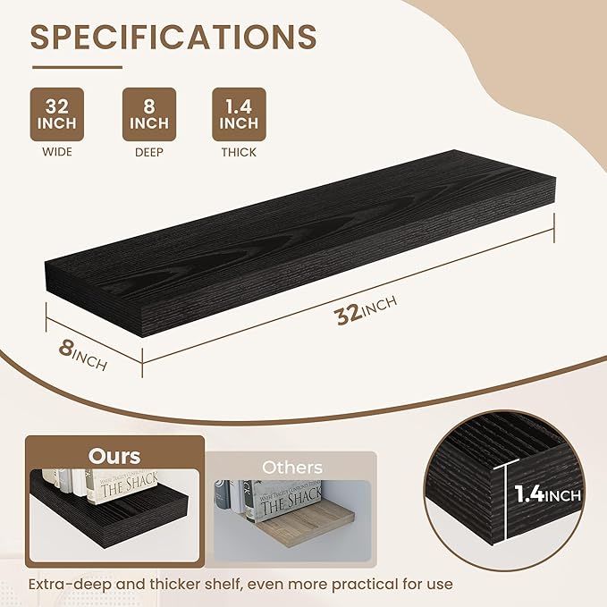 Dreamland 8" Deep Long Floating Shelves, 32 Inches Floating Shelves for Wall Set of 2, Large Display & Storage Shelf, Wall Shelf for Bathroom Bedroom Living Room Kitchen Office, Black