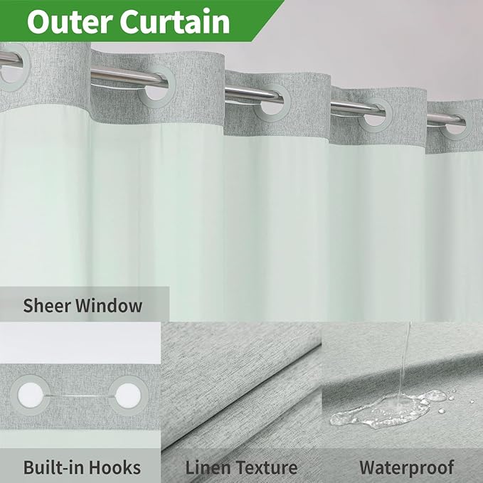 Stall No Hooks Needed Linen Textured Shower Curtain with Snap-in Fabric Liner Set,Hotel Luxury Decor Shower Curtains for Bathroom,Waterproof & Washable,60Wx74H,Sage Green