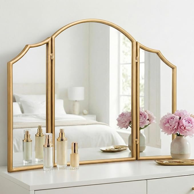 Besdomus Gold Scalloped Vanity Mirror: 36"x24" Large Modern Three Sided Dresser Miror - Minimalist Wood Frame 3 Way Trifold for Bedroom/Cloakroom/Dressing Room - Home Decor for Housewife