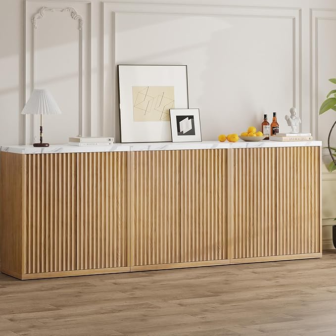 31” Sideboard Cabinet with Storage, Fluted Accent Cabinet with Adjustable Shelves, Modern Wood Credenza Cabinets with Pop-up Doors for Entryway Kitchen Living Room Hallway, Faux Marble Top 3pcs