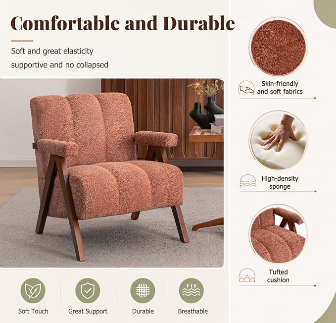 Mid Century Modern Accent Chair with Solid Oak Wood Frame, Upholstered Chenille Lounge Chair with Ergonomic Backrest and Thick Cushion for Living Room Bedroom Balcony, Set of 2, Rust Red