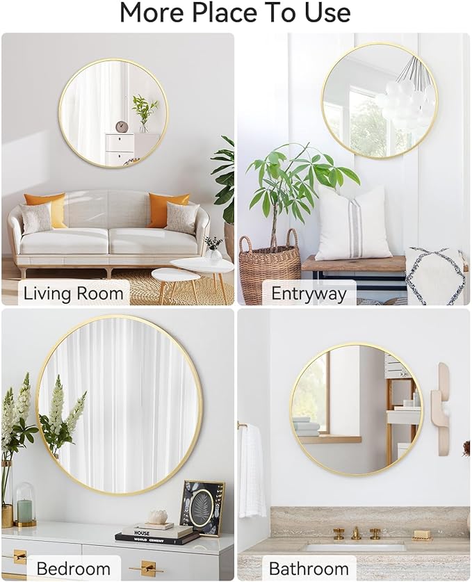 18 Inch Round Mirror, Gold Circle Mirror for Bathroom, HD Eco-Friendly Round Bathroom Mirror for Over Sink, Small Matte Gold Metal Framed Wall Mirror for Wall, Vanity, Entryway, Easy to Install
