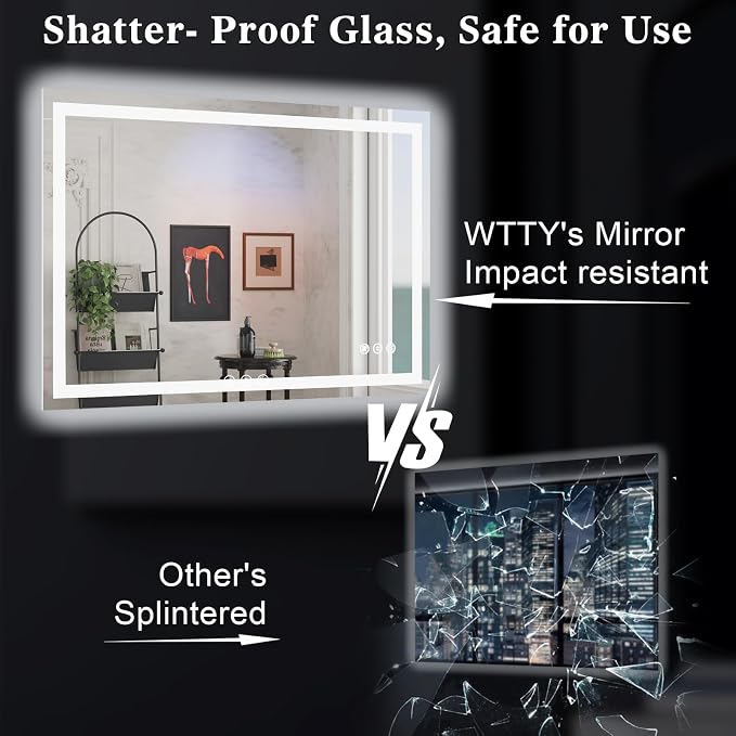 WTTY LED Bathroom Mirror 40"x36" with Back and Front Light,Modern LED Mirror for Bathroom,Stepless Dimmable Lighted Bathroom Vanity Mirror with Anti-Fog,Memory Function,Shatter-Proof