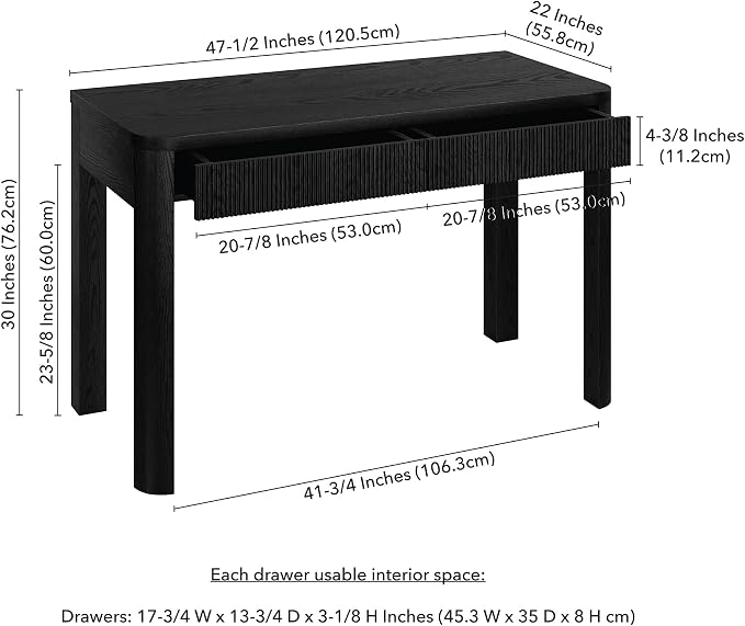 Henn&Hart 48" Fluted Modern Rectangular Wooden Home Office Desk Computer Desk Writing Table with 2 Ribbed Storage Drawers for Bedroom, Living Room, or Home Office, Natural Black