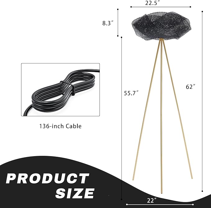 Handwoven Tripod Floor Lamp, Boho Bamboo Woven Lotus Shade Tall Standing Lamp, Black Metal Base for Living Room Bedroom Entryway, E26 Socket (Black)