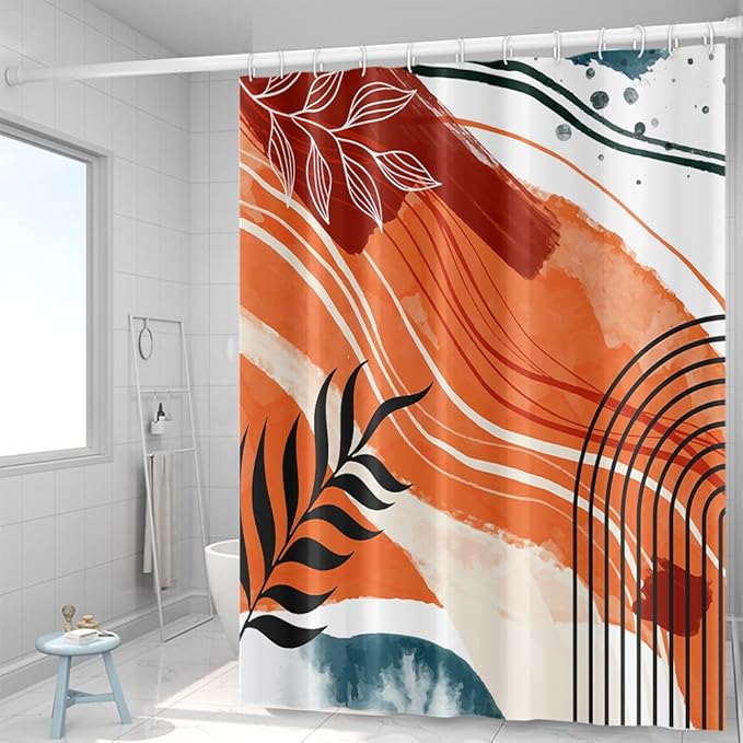 Mid Century Boho Shower Curtain 72Wx72H Eucalyptus Leaves Coral Color Pattern Shower Curtains Modern Minimalist Aesthetic Art Fabric Waterproof for Bathroom Decor 12 Plastic Hooks