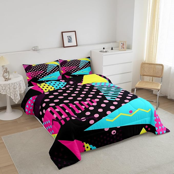 Manfei Memphis Comforter Set Queen Size, Retro 80s or 90s Fashion Style Quilt Set with 2 Pillowcases, Geometric Triangle Circle Bedding Set 3pcs for Kids Boy Girls Lightweight Duvet Insert