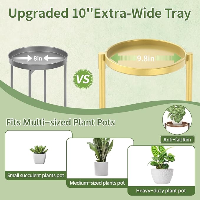 LASZOLA 3 Tier Large Plant Stand Indoor Tall with 10 Inch Metal Tray, Corner Folding Flower Display Rack, Modern Plant Holder Shelf for Outdoor Patio Porch Garden Office Living Room, Gold