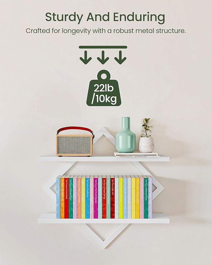 CHOEZON Floating Shelves, Set of 2 Wall Shelves, 2-Tier Hanging Shelves, Wall Shelf Set of 2, for Living Room, Bedroom, Kitchen, Office, Study, White TBJ01P2WB