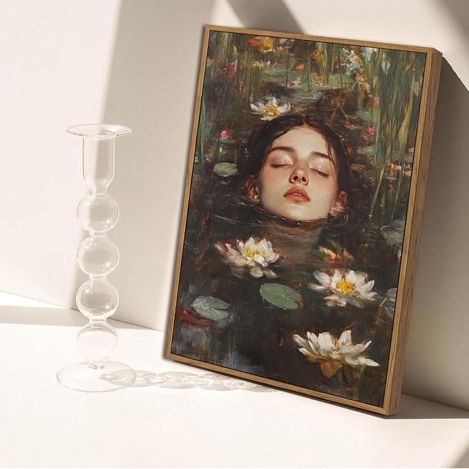 WALLZK Vintage Framed Wall Art Lotus Pool Canvas Prints Woman Portrait Artistic Painting Decor Artwork for Walls Living Room Bedroom Bathroom 8"x10"