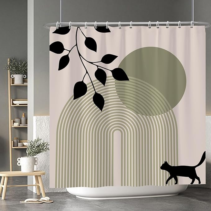 Baocicoo Minimalist Boho Shower Curtain Mid Century Silhouette Cat Botanical Shower Curtain for Bathroom Home Bathtub Living Room Decor Fabric Waterproof Curtain for Bathroom with Hooks 72x72 Inches