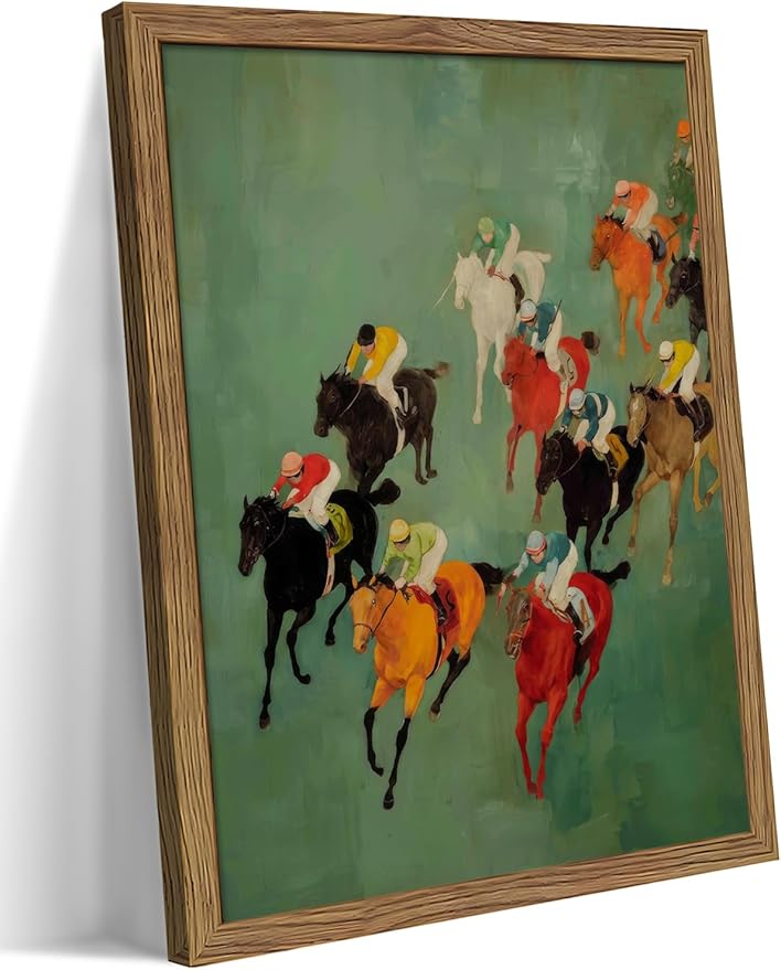 Framed Vintage Abstract Wall Art, Retro Horse Racing Scene Poster Prints, Modern Classic Equestrian Canvas Artwork, Energetic Vibrant Sports Wall Decor for Living Room Office Game Room 16x24in