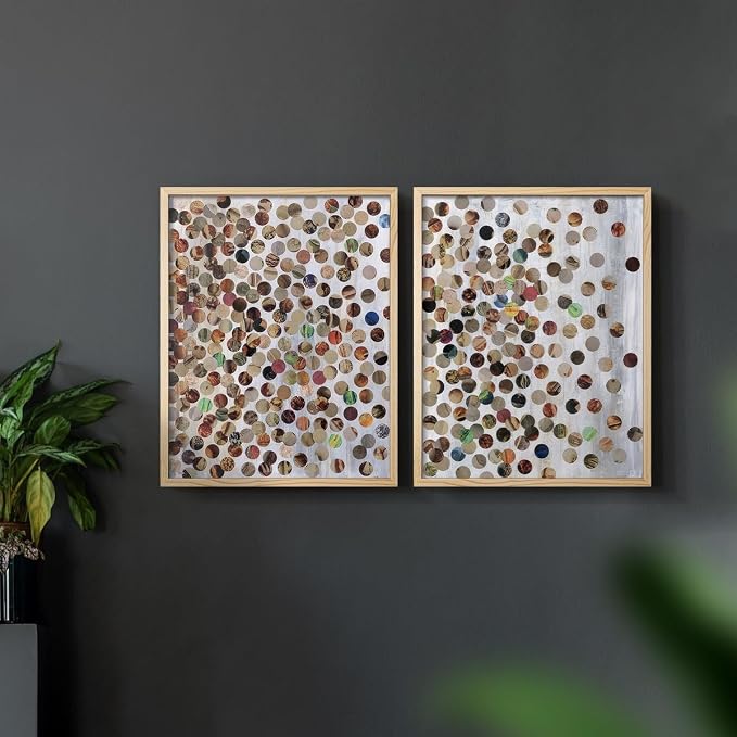 Renditions Gallery Set of 2 Peel & Stick Framed Prints, Textured Abstract Wall Art, Scattered Circular Cutouts Wall Decor, Re-Stickable - Ready to Hang - 16"x20" - NATURAL WOOD Frame LT588