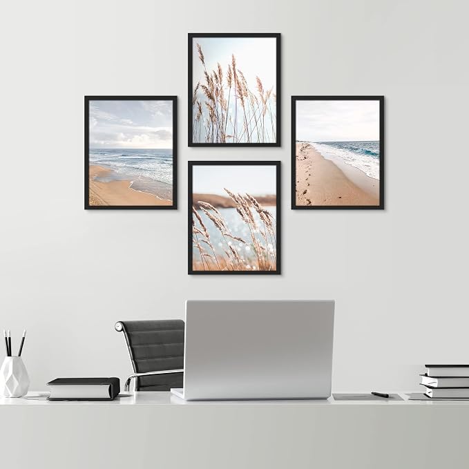 SIGNWIN Framed White Beach Grass Cloudy Ocean Sea Wave Horizon Wall Art, Set of 4 Landscape Colorful Wall Decor Prints, Nature Wilderness Wall Décor for Living Room, Bedroom - 12"x16" Black