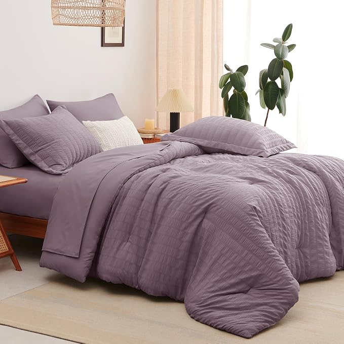 CozyLux Twin Comforter Set with Sheets 5 Pieces, Dusty Purple Seersucker Luxury Textured Bed in a Bag, Grayish Purple All Season Bedding Set with Down Alternative Comforter, Sheets, Pillowcase & Sham