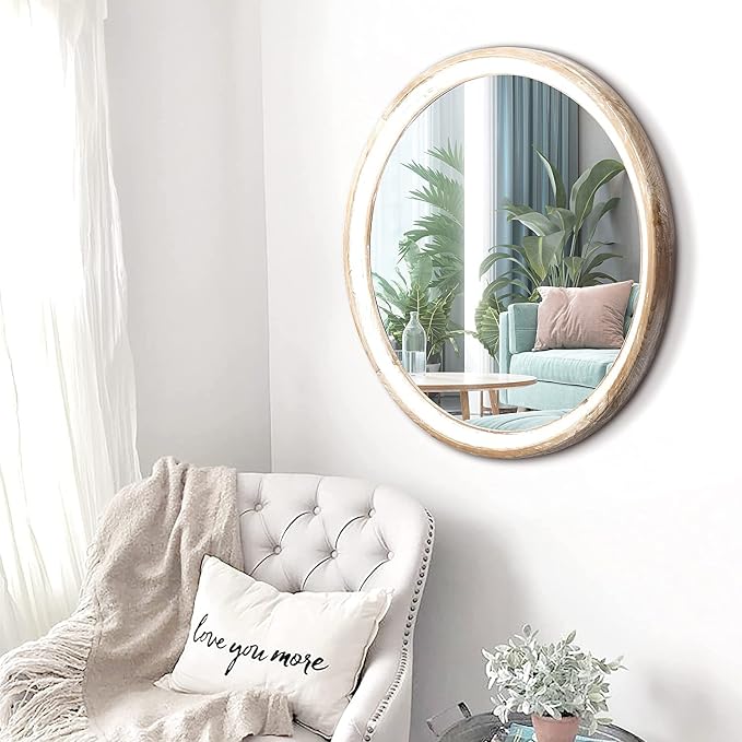 Reflinto 24 Inch Rustic Farmhouse Round Mirror for Wall Decor, | Whitewashed Wooden Circle Mirrors for Bathroom Over Sink, Bedroom, Entryway, Living Room, Kitchen, Office