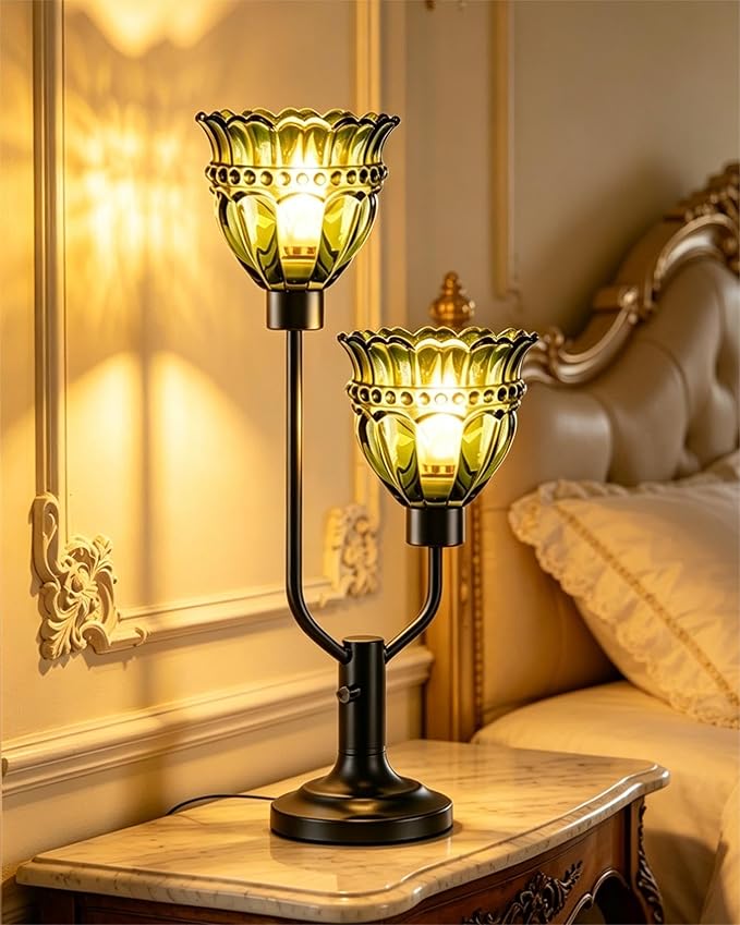 Lightdot Vintage Table Lamp for Bedroom Dimmable Mid Century Modern Black Desk Lamp Green Glass Nightstand Lamp 2 Bulbs Included Warmwhite Ambient Bedside Lamps for Living Room Home Office Decor Gift