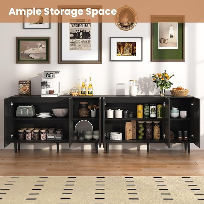 CHUWELL Modern Storage Cabinet, 47.2" Buffet Cabinet with 3 DIY Doors and Adjustable Shelf, Sideboard Coffee Bar with Solid Wood Feet for Kitchen,Dining Room,Living Room,Black