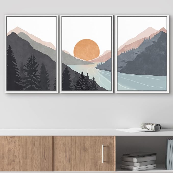 wall26 Framed Canvas Print Wall Art Set Mountain Range Sunlight Horizon Abstract Nature Illustrations Modern Art Nordic Decorative Minimal Boho for Living Room, Bedroom, Office - 24"x36"x3 White