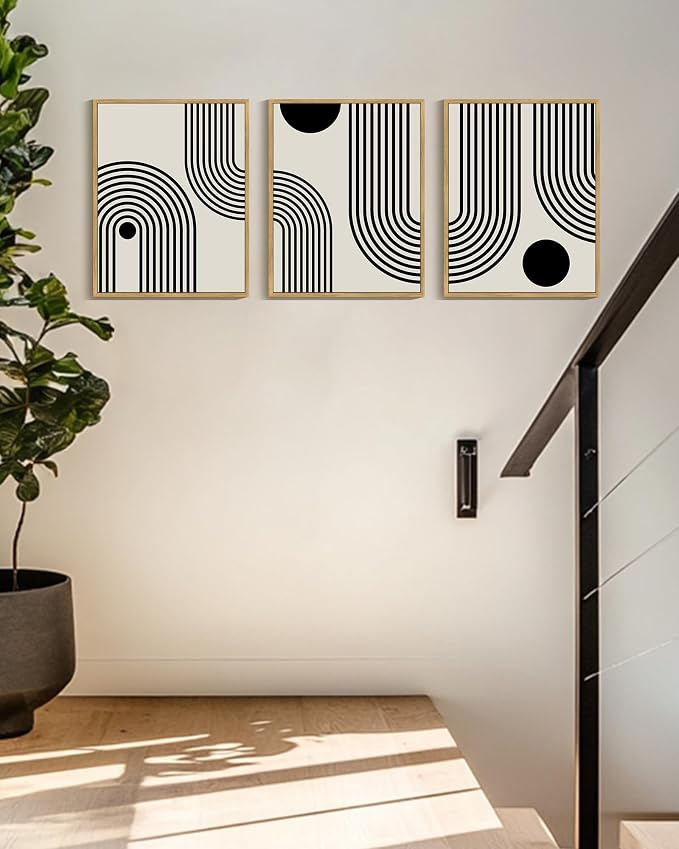 Drsoum Black Abstract Wall Art Framed Minimalist Bohemian Wall Decor Geometric Lines Artwork Hallway Bedroom Prints Ready to Hang 11x14in Natural Framed