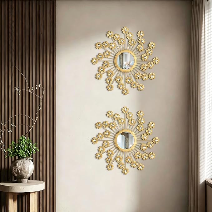 2 Pack Metal Mirrors for Wall Boho Sunburst Wall Mirror Home Decor Modern Decorative Wall Art for Bedroom Living Room Entryway