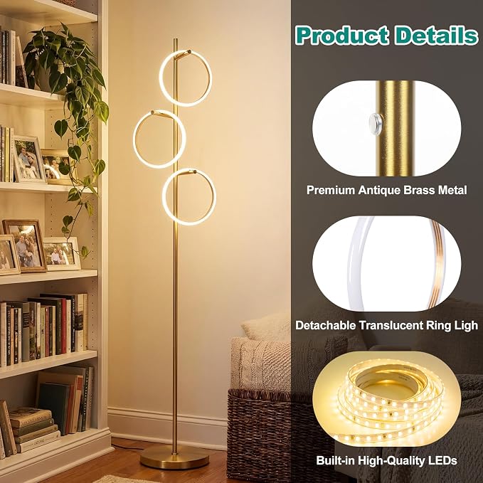 Bairth Gold Floor Lamp with 3 Lights, Modern LED Tree Floor Lamp for Living Room, 17W Stepless Dimmable Tall Standing Lamp with 3 Detachable Circular Lights for Reading, Bedroom, Office, Antique Brass