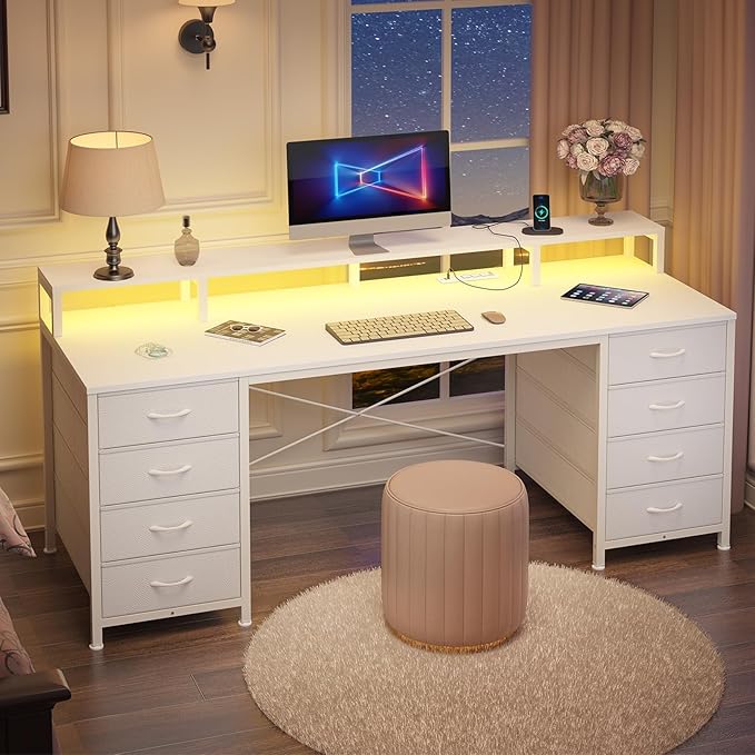 YOMILUVE 60 Inch Computer Desk with 8 Fabric Drawers, Gaming Desk with LED Lights & Power Outlets, Home Office Desk with Monitor Stand, White