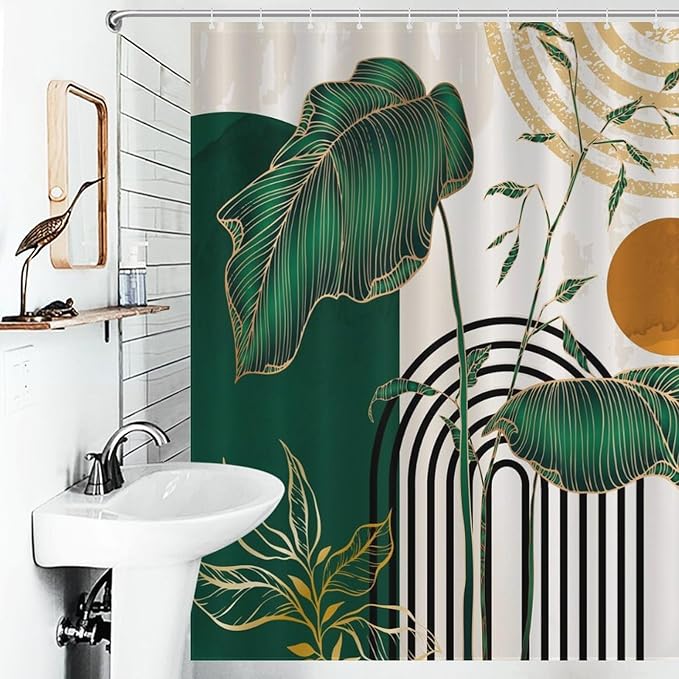 Mid Century Modern Shower Curtain, Boho Aesthetic Green Tropical Palm Leaves Abstract Minimalist Geometic Arch Waterproof Fabric Bathroom Shower Curtain Set with Hooks, 72"x78" Inch