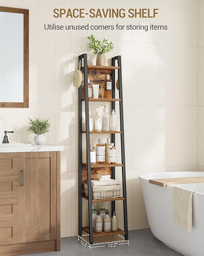 Hzuaneri Ladder Shelf, 6-Tier Narrow Bookshelf with 2 Back Panels, Industrial Ladder Shelf with 2 Hooks, for Home Office, Living Room and Bedroom, 12.2" D x 12.2" W x 63" H, Rustic Brown BC31601B
